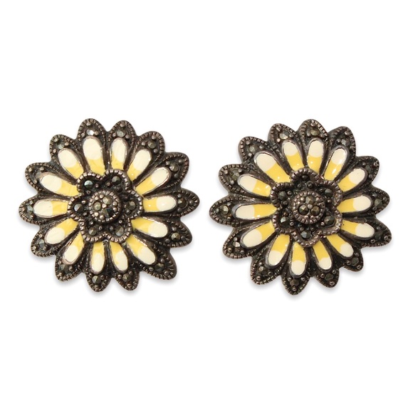 Vintage Yellow Enamel Marcasite Sterling Silver Daisy Flower Stud Earrings Large - Picture 1 of 5